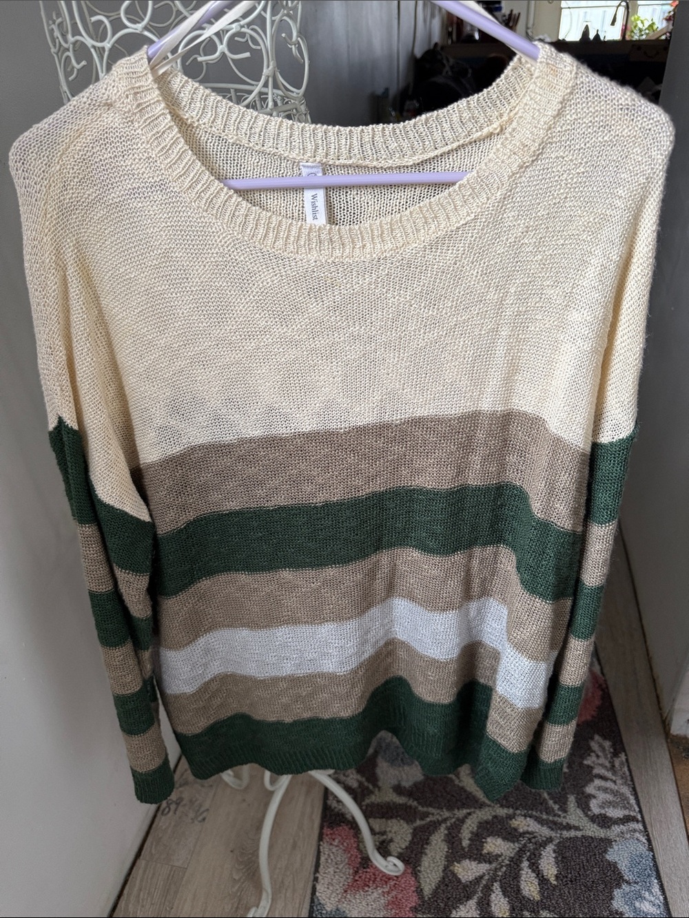 Wishlist Sz S Striped Crewneck Sweater in Cream, Green & Tan oversized